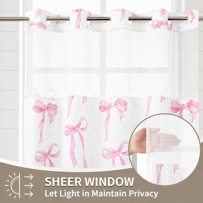 Pink Bowknot Polka Dot Shower Curtain, Sheer Mesh Top, Double Layer Hookless Bath Curtain, Sweet Style Bathroom Decor, 72 x 75 in Double-Layer