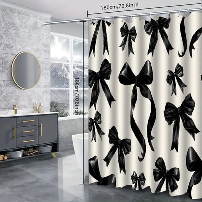 LVRLVR 4Pcs Black Bow Print Minimalist Cream Tone Decorative Set Bathroom Curtains Shower 70.8×70.8 Inch