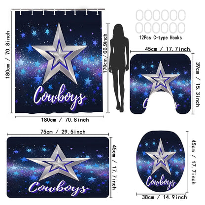 LVRLVR 4Pcs Dallas Cowboys Silver Star Galaxy Print Sports Fan Style Multi-Color Bathroom Shower Curtain Set 70.8×70.8 Inch