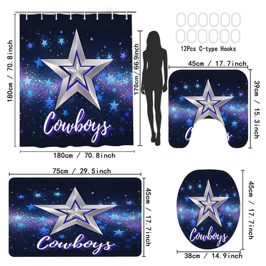 LVRLVR 4Pcs Dallas Cowboys Silver Star Galaxy Print Sports Fan Style Multi-Color Bathroom Shower Curtain Set 70.8×70.8 Inch