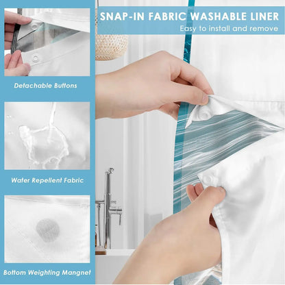 1 Pack No Hook Double Layer Shower Curtain, Shower Curtain No Hooks, Underwater Coral & Seashell Print, Waterproof, Mildew Resistant, Durable Fabric, Ocean Home Decor, Removable Liner, Top See-Through Window, Partition Curtain, Installation 71"×74"