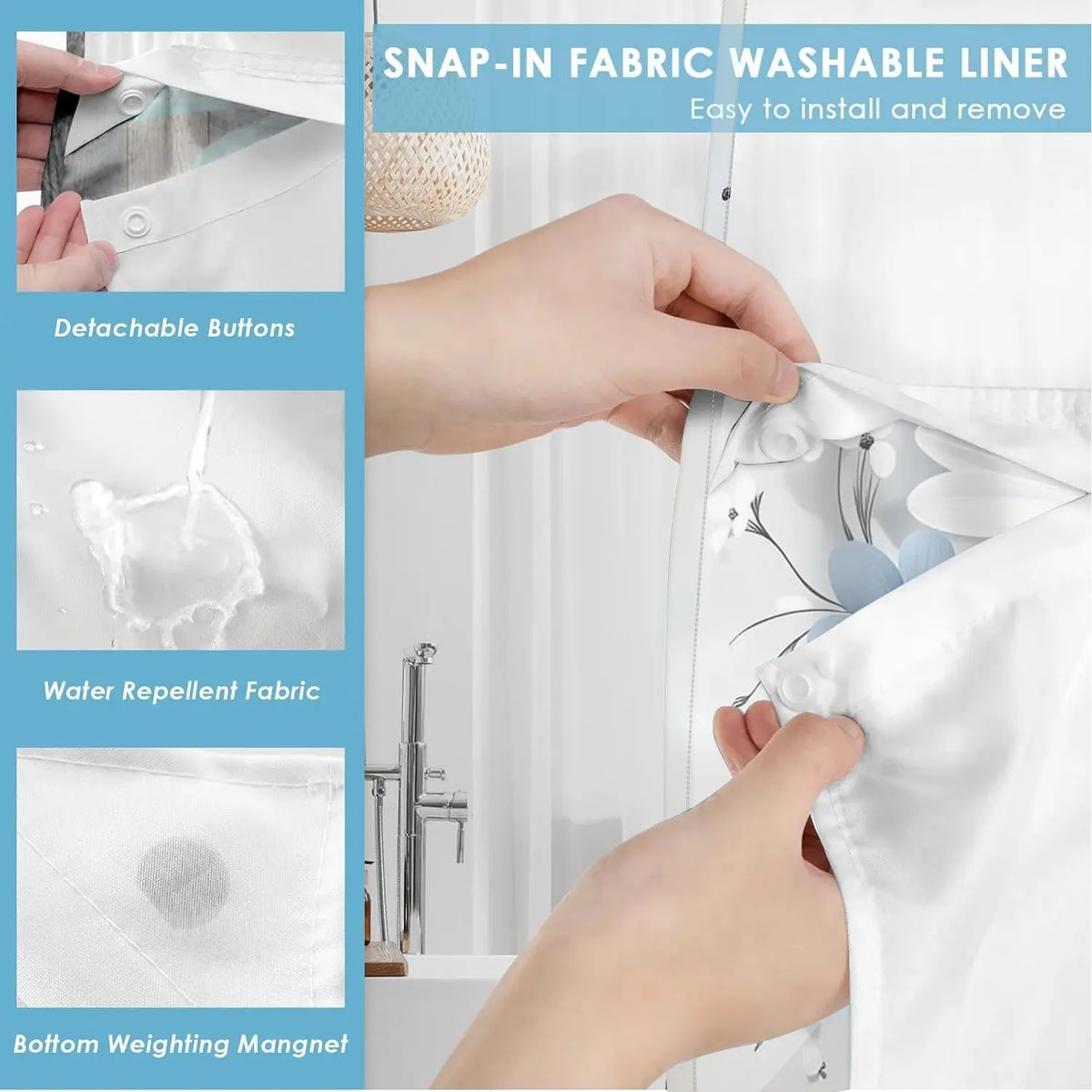 1 Piece Hookless Double Layer Pretty Shower Curtain, Blue Butterfly & White Daisy Print Bath Curtain with Removable Liner and Top See-Through Window, Waterproof and Mildew Resistant, Durable Fabric, Farmhouse Home Decor, 71×74""