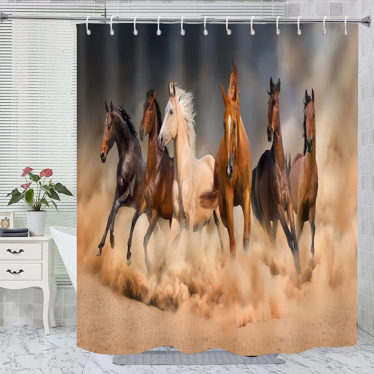 [Popular Choice]1pc/4pcs, bathroom curtains shower, bathroom set, shower curtains, bathroom rug, home decoration, Decorative, bath mat, bathroom mat, horse pattern, animal theme decoration, bathroom set, with 12 hooks, Shower Curtain Sets
