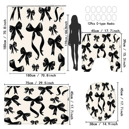 LVRLVR 4Pcs Black Bow Print Minimalist Cream Tone Decorative Set Bathroom Curtains Shower 70.8×70.8 Inch