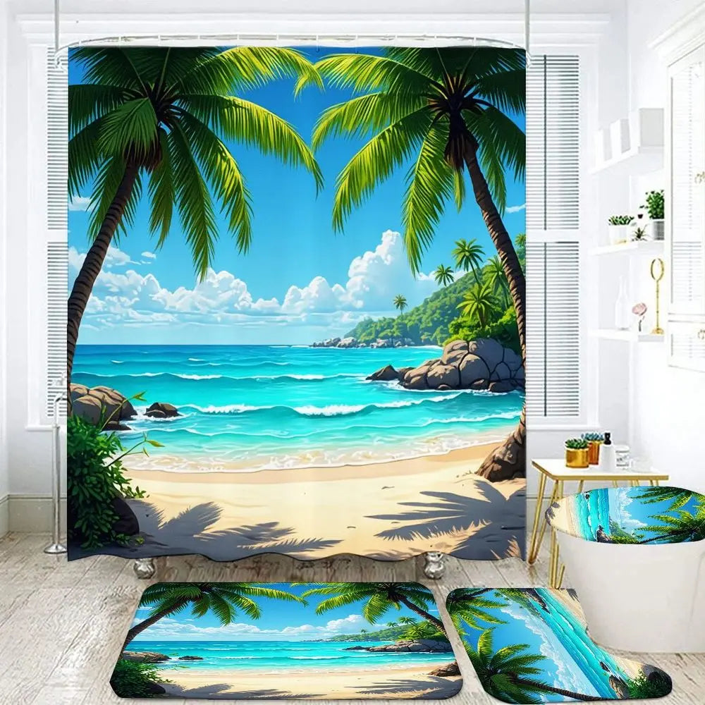 1/4pcs Tropical Beach Shower Curtain Set, Bathroom Shower Curtain Sets, 72x72 Inch Ocean Waves Palm Trees Curtain with Bidet Mat (60x20), Toilet Seat Cover, 2 Bath Rugs (24x16) - Summer Aesthetic Bathroom Decor for Coastal Vibe, Easter Mother’s Day Gift