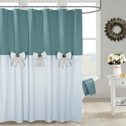 Rustic Farmhouse Shower Curtain - Striped Bottom, Bow Detail, Pattern Design for Cozy Bathroom Decor, Farmhouse Shower Curtains