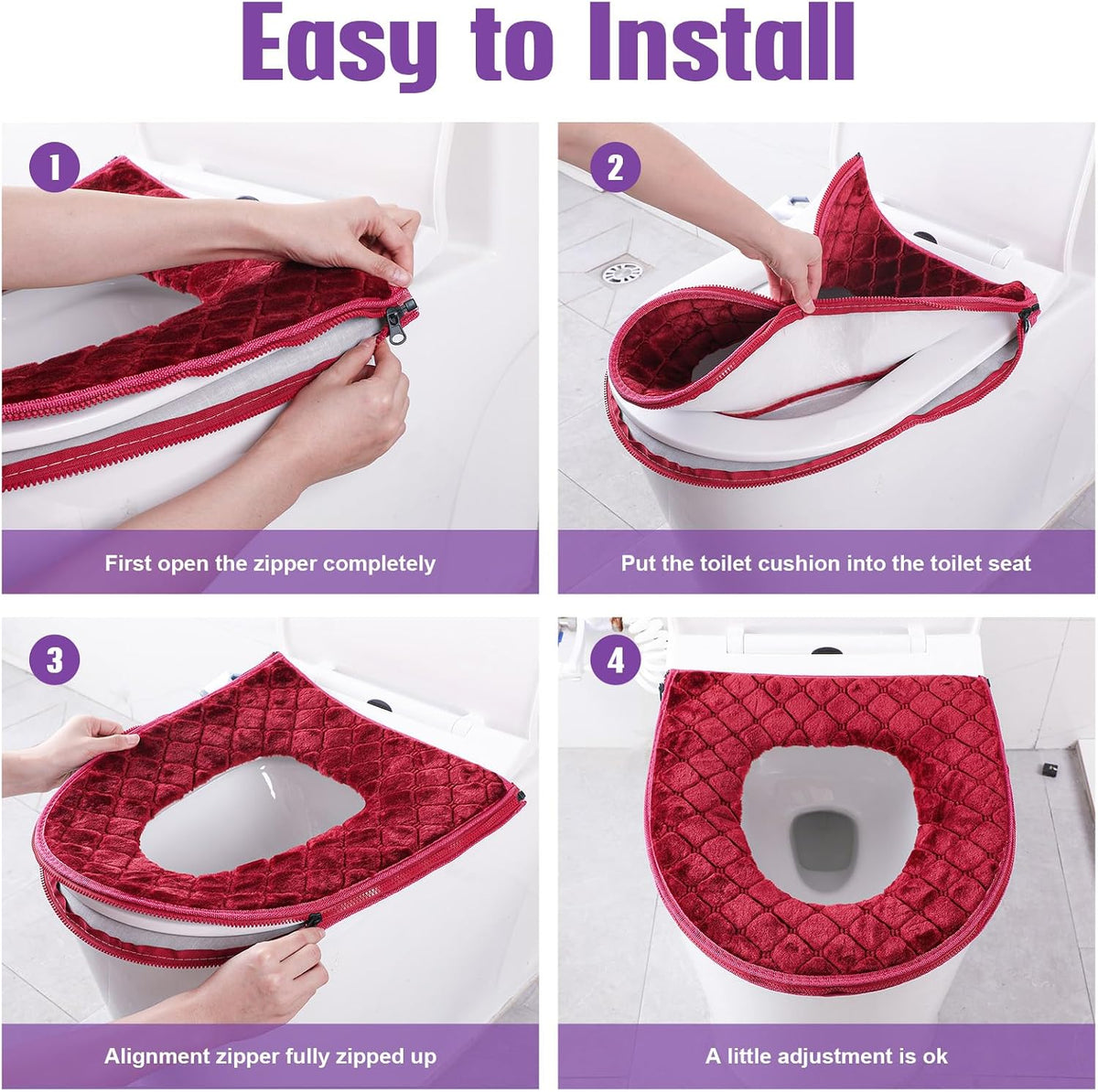 Riakrum 4 Pcs Toilet Seat Covers Warmer,Modern,Gray, Violet, Red, Brown