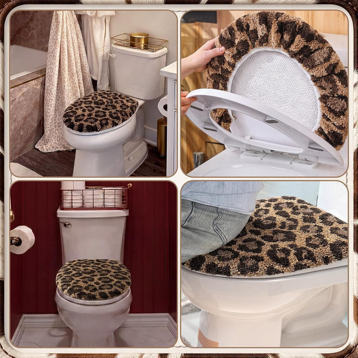 Fanfanwin Toilet Lid Cover Soft Microfiber Plush Tufted, Brown, Cheetah
