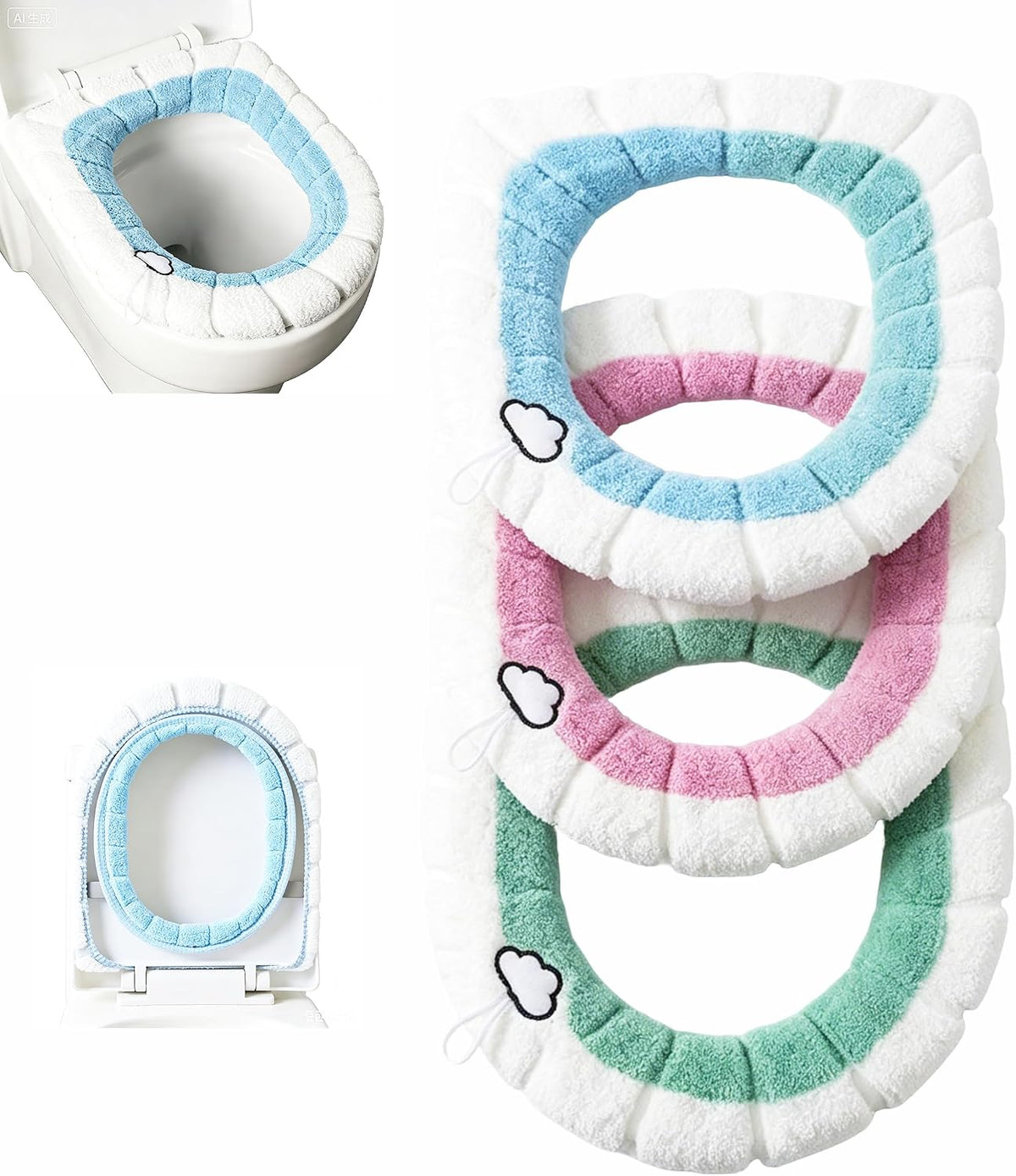 Easy Installation Comfortable Toilet Lid Bathroom Soft Thicker Warmer Stretchable Washable Cloth Toilet Seat Cover Pads （3PCS）