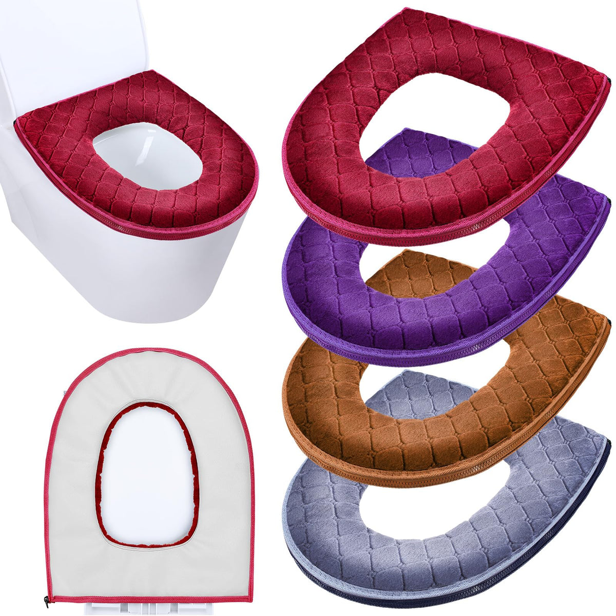 Riakrum 4 Pcs Toilet Seat Covers Warmer,Modern,Gray, Violet, Red, Brown
