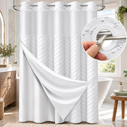 Hookless Boho Tufted Chevron Striped Shower Curtain, Waterproof & Washable, Removable White Outer Layer, Modern Textured Design, See-Through Mesh Top Window, for Bathroom & Hotel, 71 × 74 Inch