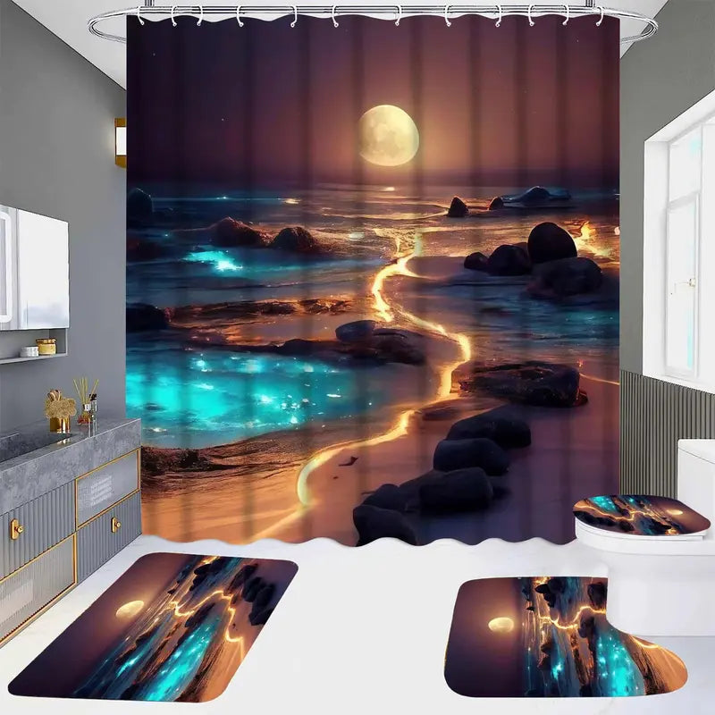 Dreamy Moonlight Fluorescent Coast Artwork Shower Curtain Set with 12 Hooks - Waterproof, Non-Slip Bathroom Carpet, Toilet U-Shaped Cushion, Toilet Seat Cover Cushion - Bathroom Decor, Decoration, Calming Look & Feel, Ideal Moving Gift