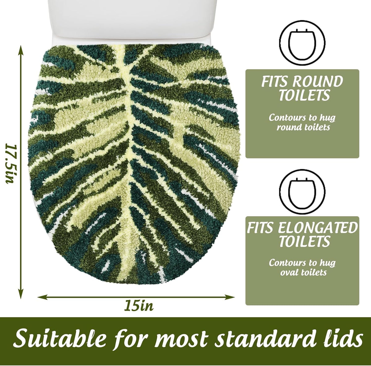 FYSUIMU Palm Leaf Toilet Lid Cover Green Monstera Toilet Seat Cover with Adjustable Rubber Backing for Most Lids Summer Tropical Bathroom Decoration