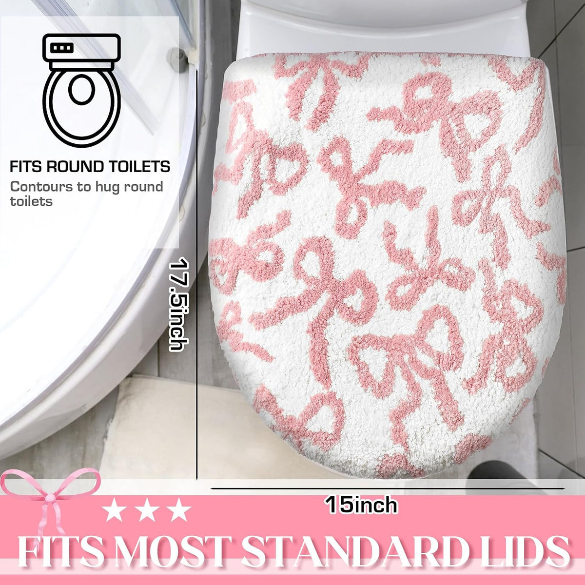 SmoothNovelty Toilet Lid Cover Coquette Plush Cover, Pink, Bow