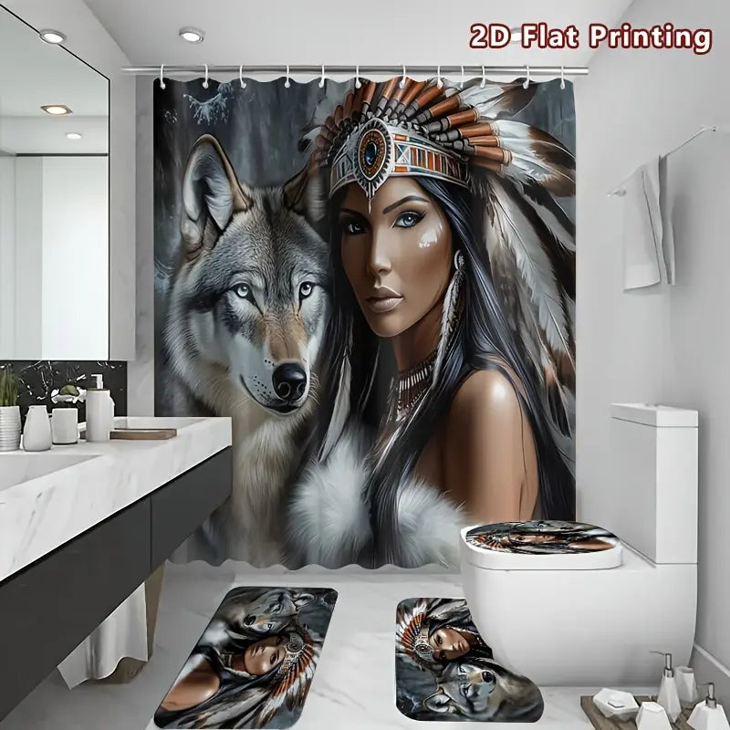 1/4pcs 2D Flat Tribal Spirit Shower Curtain Set, Native American Headdress and Wolf Bathroom Decor, Accessories with Bath Mat, U-shaped Mat, Toilet Lid Cover, Shower Curtain Includes Hooks, Wild Tribal Art, Home Decor, Bathroom Accessories.