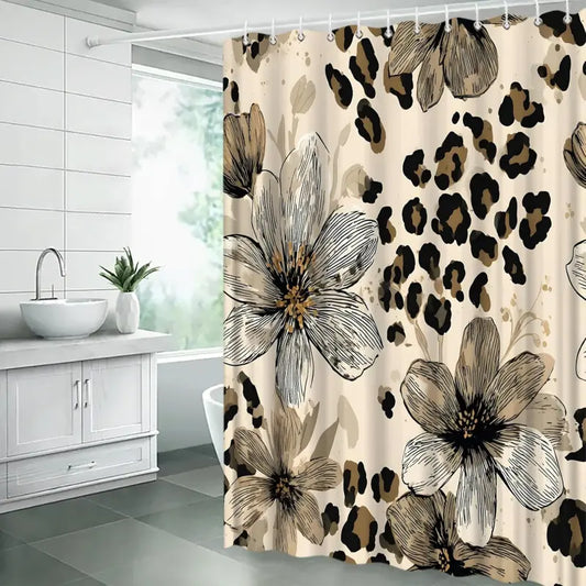 72" x 72" Floral Leopard Shower Curtain, Sketch Floral Print Vintage Tan and Black Bathroom Curtain with Hooks, Aesthetic Decorative Shower Curtain, Floral Shower Curtains for Bathroom