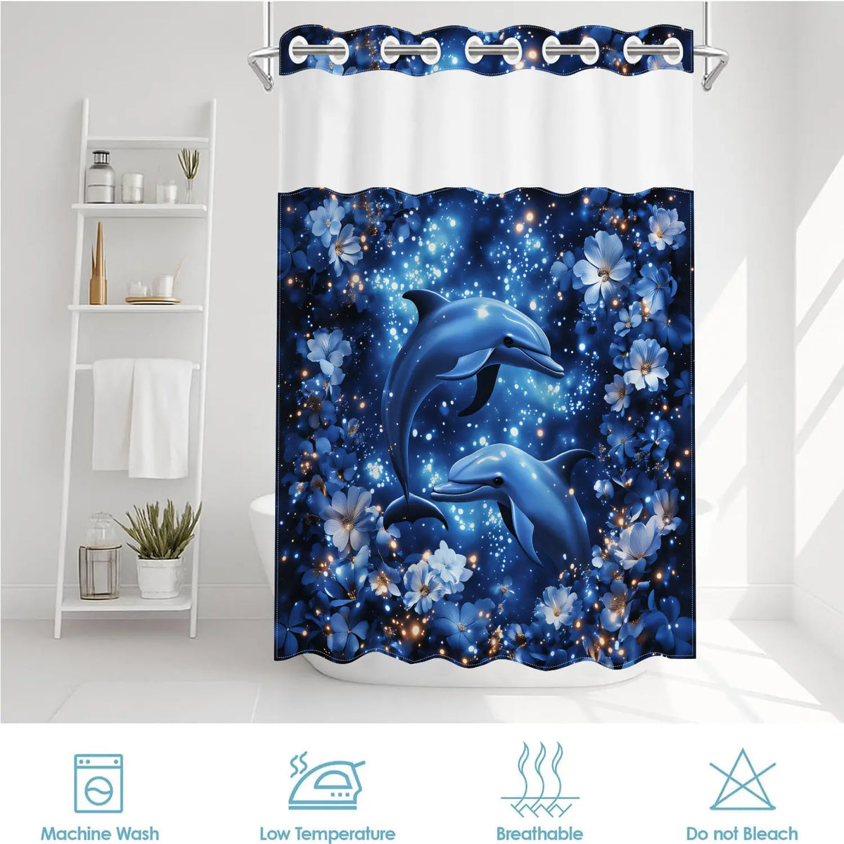 1 Pack No Hook Double Layer Bathroom Shower Curtain, Dreamy Blue Dolphin & Floral Print Bath Curtain, Waterproof, Mildew Resistant, Durable Fabric, Romantic Ocean Home Decor, Removable Liner, Top See-Through Window, Partition Curtain 71"×74"