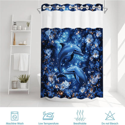 1 Pack No Hook Double Layer Bathroom Shower Curtain, Dreamy Blue Dolphin & Floral Print Bath Curtain, Waterproof, Mildew Resistant, Durable Fabric, Romantic Ocean Home Decor, Removable Liner, Top See-Through Window, Partition Curtain 71"×74"
