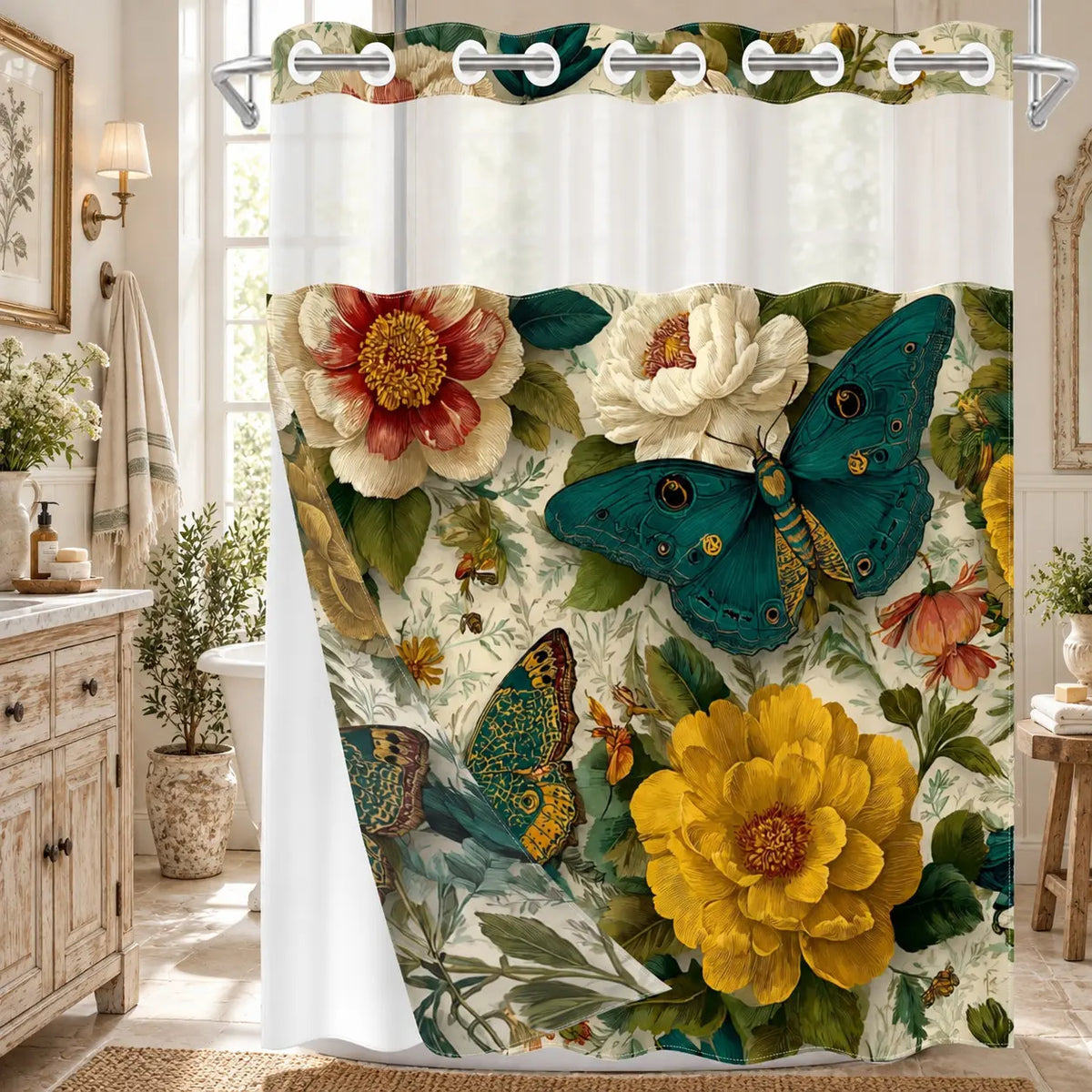 1pc hookless Aesthetic shower curtain with snap fastener, retro butterfly flower 2D printing, fabric waterproof inner lining double-layer with transparent window and liner, 71 x 74 inches