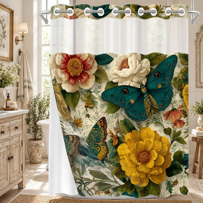 1pc hookless Aesthetic shower curtain with snap fastener, retro butterfly flower 2D printing, fabric waterproof inner lining double-layer with transparent window and liner, 71 x 74 inches