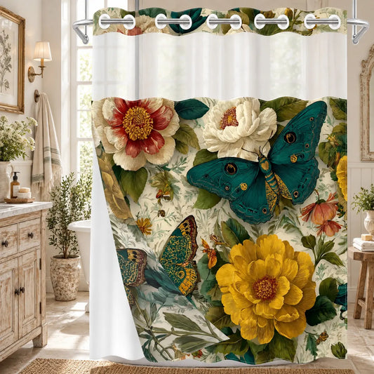 1pc hookless Aesthetic shower curtain with snap fastener, retro butterfly flower 2D printing, fabric waterproof inner lining double-layer with transparent window and liner, 71 x 74 inches