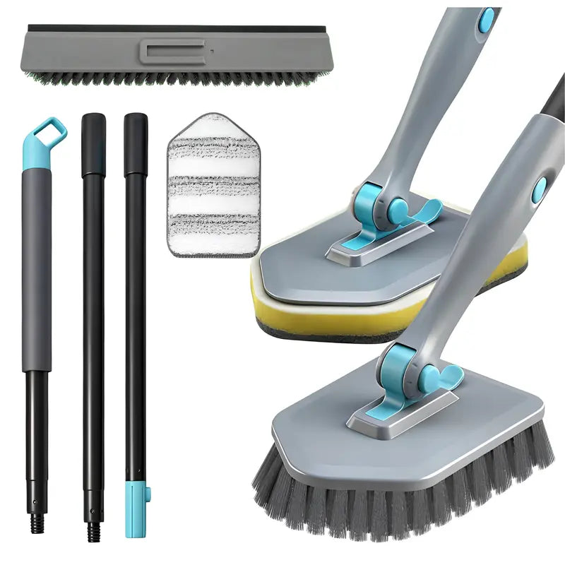 56-in Detachable EVA+Metal Pole Multifunctional Shower Scrubber Brush Set for Bathroom Owners, Removable Washable Adjustable Toilet Pad, Less Bending/Kneel, Cleans Bathtub Tile Grout Wall Floor, Wipes Glass Mirror Door Kitchen Surfaces