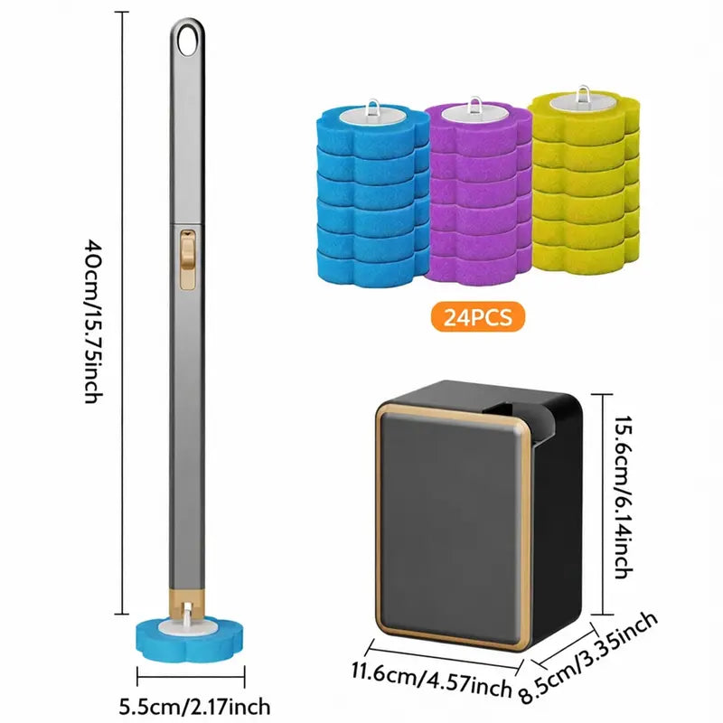 Disposable Toilet Scrubber Wand - Plastic Bathroom Cleaning Tool, Disposable Toilet Cleaning System with Flower-Shaped Sponge Heads, Built-In Solution, Long Handle for Hard-To-Reach Areas & Deep Clean