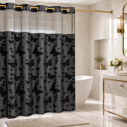 Silver No Hook Double-Layer Butterfly Flocked Shower Curtain,Mesh Top Window，Mesh Top Window, Hook-Free Design, Easy Installation, Farmhouse, Hotel, Modern Home Decoration, 72x75i
