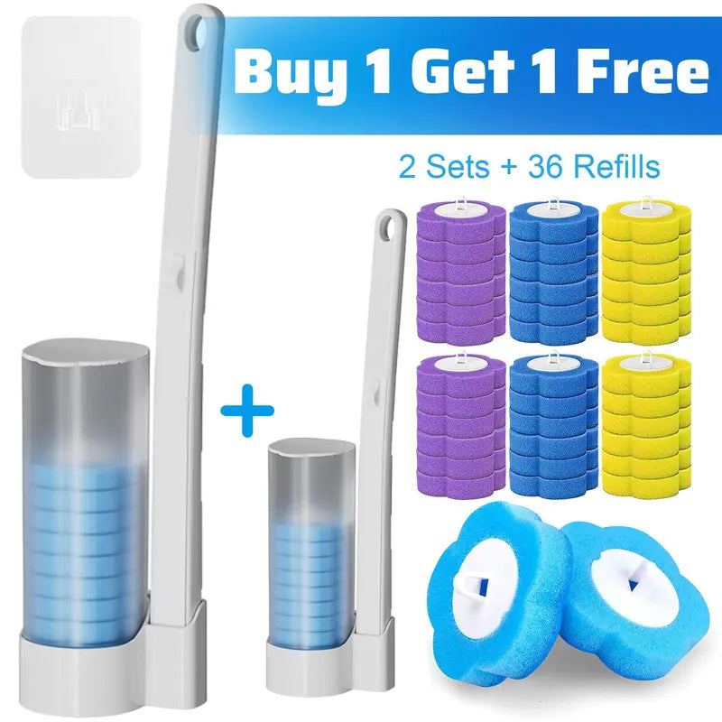 Nifogo Disposable Toilet Scrubber Brush Set, Includes 24 Refills, Triple-Layer Sponge Cleaner Wand, Fragrance Neutralizer, Plastic Wall-Mount Holder, Multi-Surface Tool for Daily Bathrooms Toilet Bowl Cleaning
