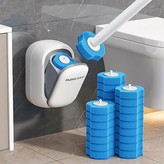 Wall-Mounted Disposable Plastic Toilet Brush Cleaner Set with Stainless Steel Holder - 8 Ribbed Polyurethane Refills, No-Touch Wand, Quick Release System, ABS, Rim/Corner Reach, Lightweight Minimalist Space-Saving Daily Cleaning Bathroom Kit (Great Gift)