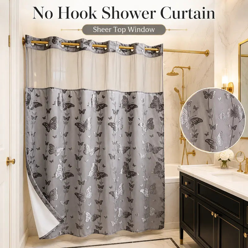 Black Butterfly Hookless Shower Curtain with White Mesh Window, Water-Resistant & Machine Washable Fabric Curtain, Easy Install Bathroom Decor, 72 x 75 Inch