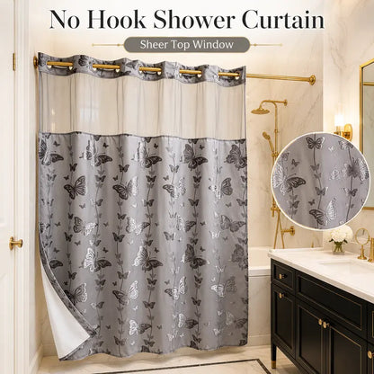 Black Butterfly Hookless Shower Curtain with White Mesh Window, Water-Resistant & Machine Washable Fabric Curtain, Easy Install Bathroom Decor, 72 x 75 Inch