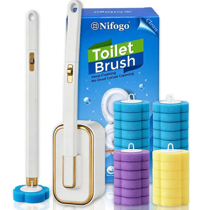 Nifogo Rotating Long-Handled Plastic/Silicon Disposable Toilet Brush Set with Wall Mount Holder, 24 Refills, Multi-Surface Bathroom Cleaning System for Toilet Bowl, Sink