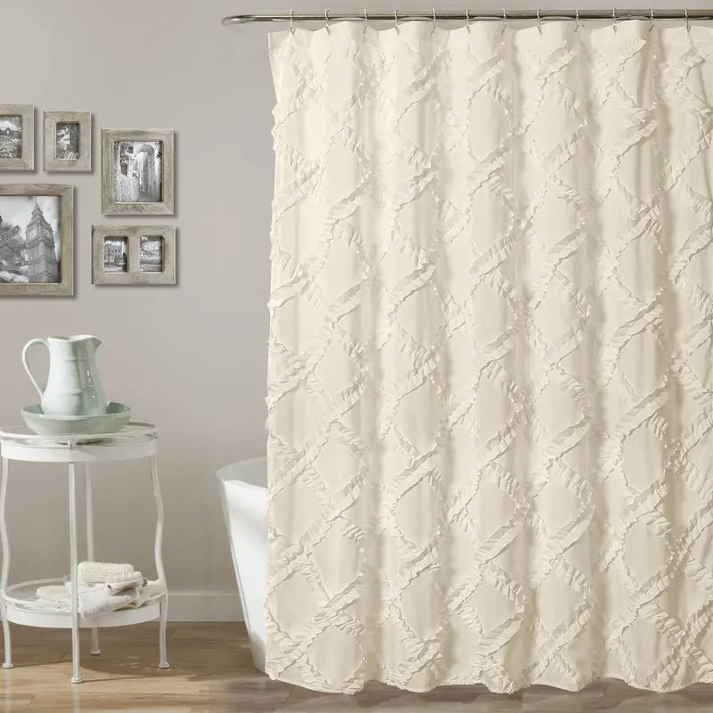 Lush Decor Ruffle Diamond Shower Curtain 72 x 72 in - Polyester ruffle embroidery, OEKO-TEX STANDARD 100, soft textured decorative bathroom curtain for tub, neutral gray white blush ivory