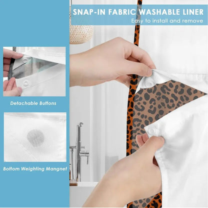 1pc hookless Bathroom Shower Curtain with buckle lining, orange background with black leopard print design, 2D flat printing, fabric waterproof lining, see-through double-layer Decorative Shower Curtain, 71 x 74 inches, modern home draping curtain.