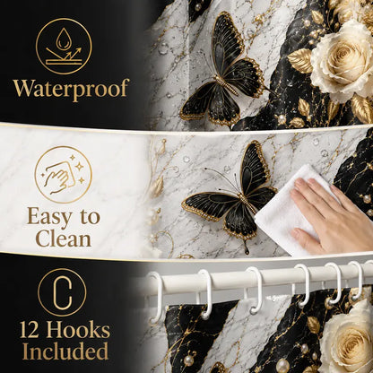 1/4pcs Bathroom Curtains Shower Set, Marble Butterfly Pattern, Luxury Theme Decor, Bath Mat Rug, Includes 12 Hooks, Home Decoration Gift, Bathroom Decoration Accessories