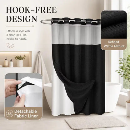 Double-layer waffle-pattern shower curtain — hookless snap-closure lining, waterproof inner layer and washable white outer layer; modern bathroom accessory suitable for home, hotel, salon, dormitory, and home decor; 72 x 75 inches sohochic