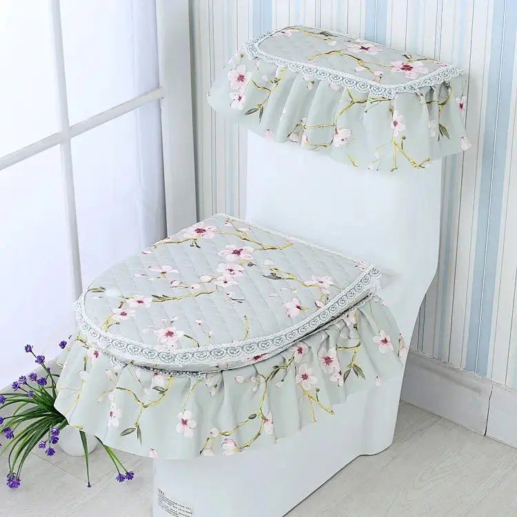 Elegant Solid 3-Piece Luxury Velvet Lace Toilet Accessories Set - Skirted Lace Trim, Commode Cushion, Water Tank Cover, Toilet Paper Holder Cover, Home Interior Decoration for Household Bathroom Upgrade, Toilet Accessories Cover, Bathroom Decor