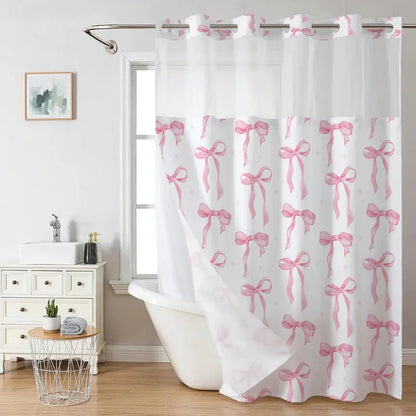 Pink Bowknot Polka Dot Shower Curtain, Sheer Mesh Top, Double Layer Hookless Bath Curtain, Sweet Style Bathroom Decor, 72 x 75 in Double-Layer
