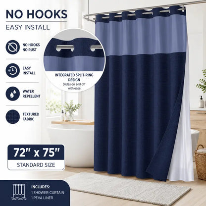 Double Layer Waffle-Pattern Shower Curtain - No Hook Snap-in Liner,  Waterproof Inner & Washable White Outer Cloth,  Bathroom Accessory for Home/Hotel/Dorm, 72x75 Inch