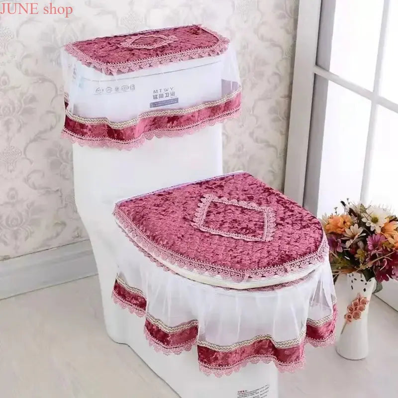Elegant Solid 3-Piece Luxury Velvet Lace Toilet Accessories Set - Skirted Lace Trim, Commode Cushion, Water Tank Cover, Toilet Paper Holder Cover, Home Interior Decoration for Household Bathroom Upgrade, Toilet Accessories Cover, Bathroom Decor