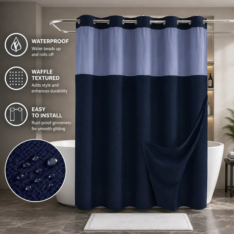 Double Layer Waffle-Pattern Shower Curtain - No Hook Snap-in Liner, Fabric Waterproof Inner & Washable White Outer Cloth, Modern Bathroom Accessory for Home/Hotel/Salon/Dorm, 72x75 Inch