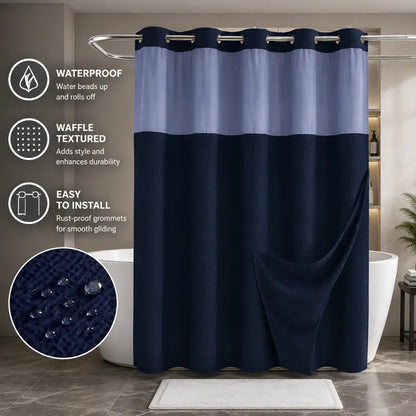Double Layer Waffle-Pattern Shower Curtain - No Hook Snap-in Liner, Fabric Waterproof Inner & Washable White Outer Cloth, Modern Bathroom Accessory for Home/Hotel/Salon/Dorm, 72x75 Inch