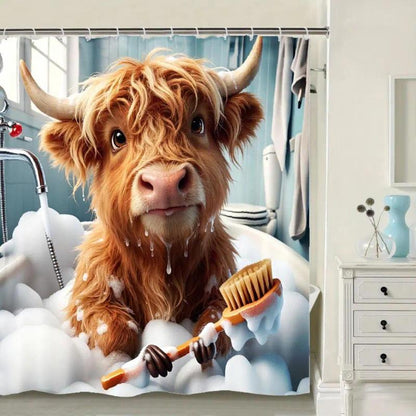 [Summervibes] Whimsical Donkey Shower Curtain with Hooks - Machine Washable Polyester Contemporary Modern Bathroom Decor Gift, Playful Partition, Artistic Animal Design, Durable Fabric for Home, Shower Curtains, Plastic