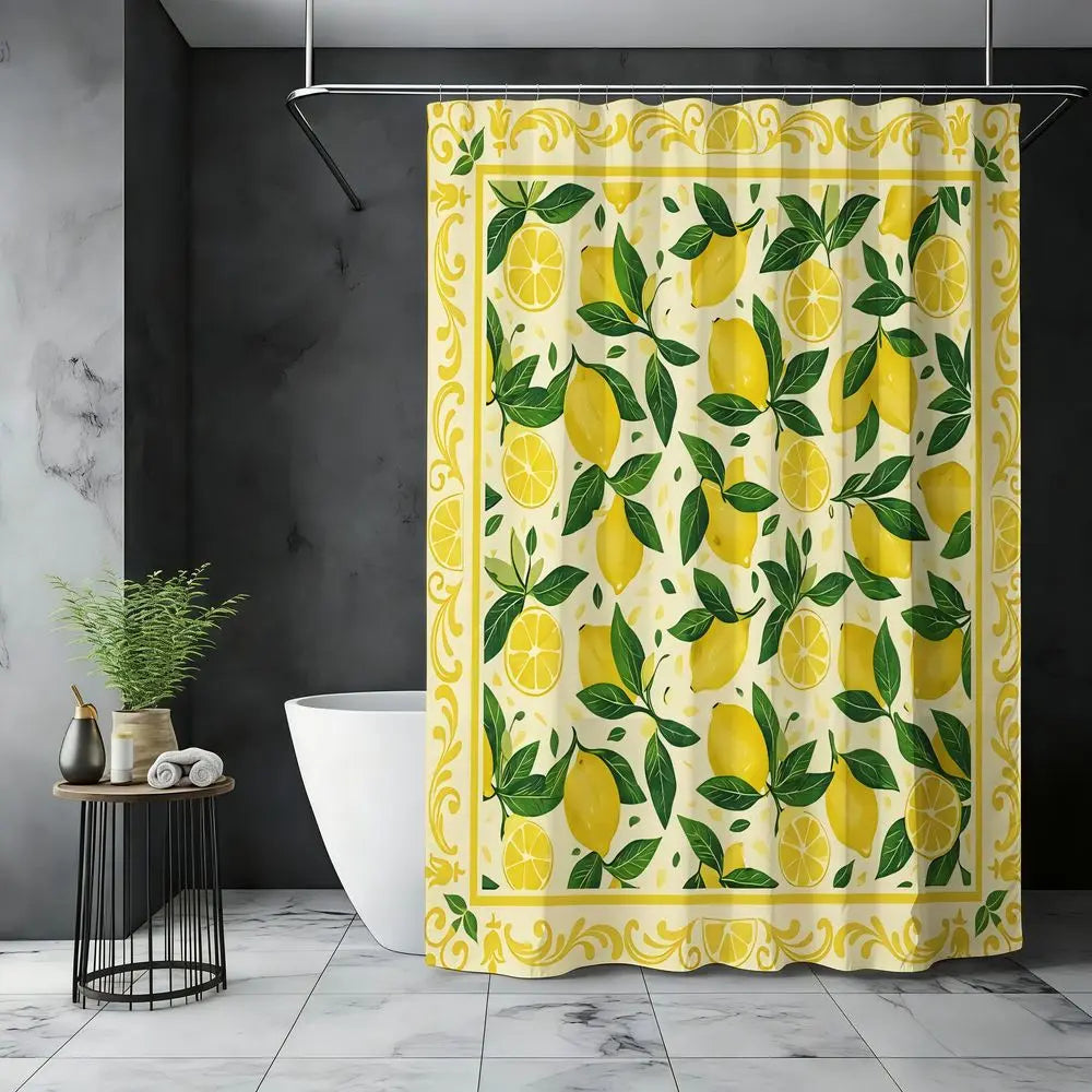 4pcs Lemon Citrus Shower Curtain Set, Printed Shower Curtain, Fresh Yellow Lemon Print Bathroom Decor, Summer Lemonade, Kitchen Garden, Fruit Blossom, Tropical Farmhouse, TikTok Shop Trendy Bathroom Upgrade