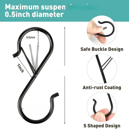 20 Pcs Heavy-Duty Steel S Hooks, 3.5-in Painted Steel Hooks with Adjustable Locking Clip, Fits 0.5-in Rods, Multi-Purpose for Hanging Plants, Closet Items, Kitchen Utensils