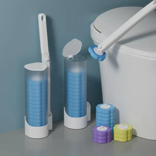Disposable Toilet Bowl Cleaning Kit with 18/36 Plastic Cleaner Refills, Long-Handle Rotatable Sponge Scrub Brush, Wall-Mount Storage Caddy, Fragrance-Free Low-Foaming Cleaners for Toilet, Sink, Bath Tub Accessories, Cleaning Supplies, Toilet Bowl Cleaners