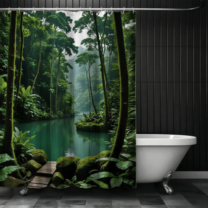 1pcs Lush Tropical Rainforest River Decorative Shower Curtain, Green Jungle Tree and Calm Lake Nature Bath Curtain for Bathroom Decor, Serene Wilderness Botanical Bathroom Curtain for Home, Perfect for Earth Day, Summer & Nature Inspired Bathroom Refresh