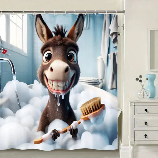 [Summervibes] Whimsical Donkey Shower Curtain with Hooks - Machine Washable Polyester Contemporary Modern Bathroom Decor Gift, Playful Partition, Artistic Animal Design, Durable Fabric for Home, Shower Curtains, Plastic