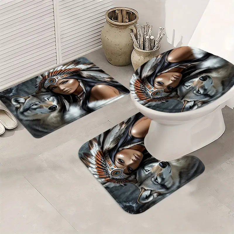 1/4pcs 2D Flat Tribal Spirit Shower Curtain Set, Native American Headdress and Wolf Bathroom Decor, Accessories with Bath Mat, U-shaped Mat, Toilet Lid Cover, Shower Curtain Includes Hooks, Wild Tribal Art, Home Decor, Bathroom Accessories.